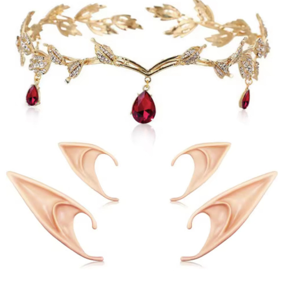 Gold Elf Fairy Tiara Crown with Red Gem & 2 Pairs Elf Ears Cosplay Halloween - Picture 1 of 8